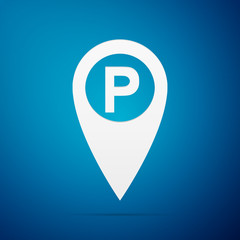 Map pointer with car parking sign icon isolated on blue background. Flat design. Vector Illustration