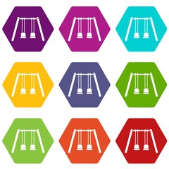 Wooden swings hanging on ropes icon set color hexahedron