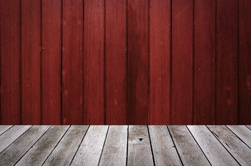 wooden terrace or desk with copy space for display of product or object presentation and old wooden red wall texture background