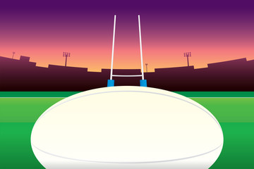 Rugby ball isolated on green field and stadium on purple sky background. © Manovector