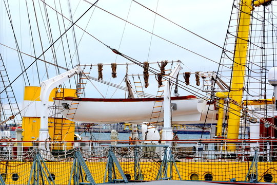 Constanta harbor at Black Sea. Mast. Marine Ship-School "Mircea"