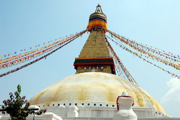 Bodnath stupa with Buddha eyes and prayer flags in Kathmandu, Nepal