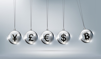 Bitcoin digital currency, dollar, euro, pound sterling, yen and yuan in form of Newton cradle, fintech world finance concept, vector illustration