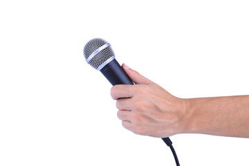 hand with a microphone isolated on white background
