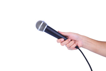 hand with a microphone isolated on white background