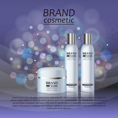 3D realistic cosmetic bottle ads template. Cosmetic brand advertising concept design with glitters and bokeh background