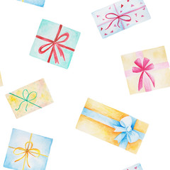 Watercolor Christmas pattern with gift boxes. Isolated Illustration for design, print or background