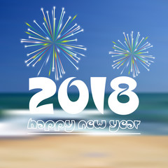 happy new year 2018 on blue beach like abstract color background with fireworks eps10