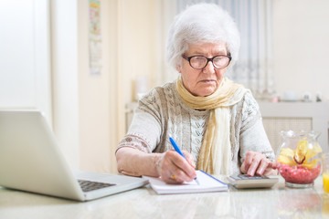 Grandmother with calculator and notebook calculating gas and electricity bills.