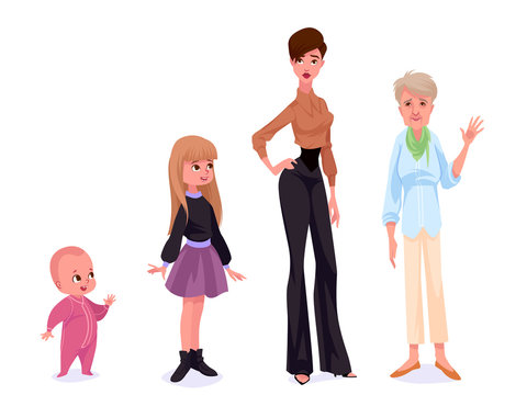 Aging concept of female characters. The cycle of life from childhood to old age.