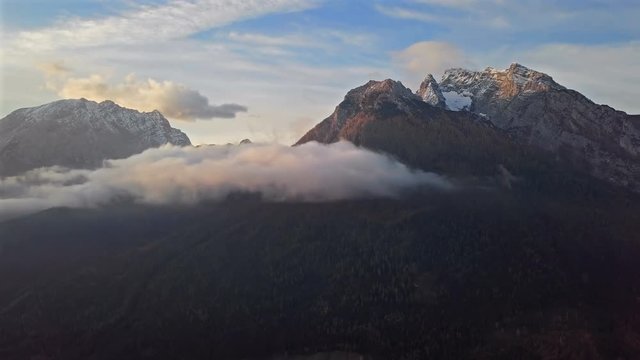 Aerial time lapse near Watzmann and Hochkalter mountains, Ramsau, Berchtesgaden, Germany