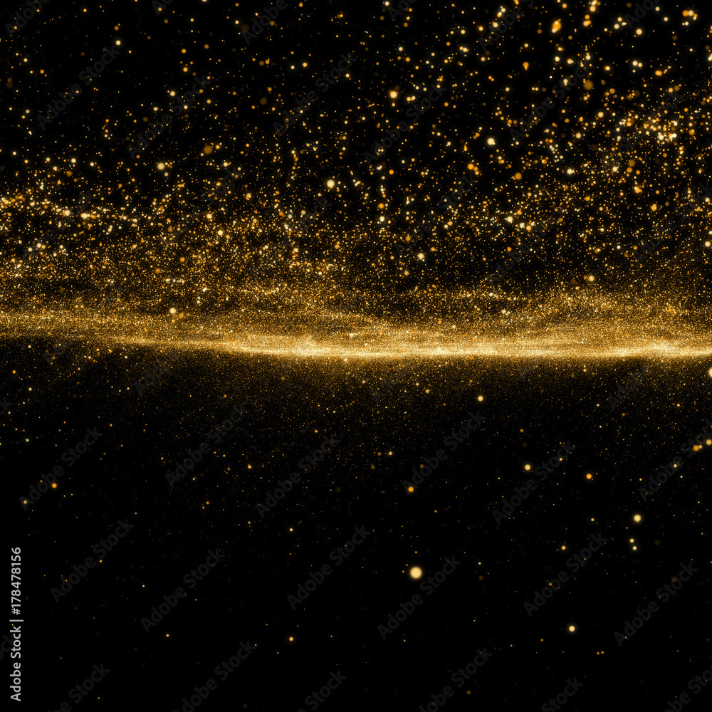 Wall mural Golden sky. Abstract stardust smokey wave particles. Nano dynamic flow with 3d render particles gold heaven or space - Wall murals