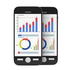 Small Data on Smartphone. Phones with bar graph charts and pie diagram. 3d render isolated on white.
