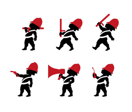 Vector illustration of english policeman in custodian helmet such cupid with bat, gun and megaphone. Icons Set.