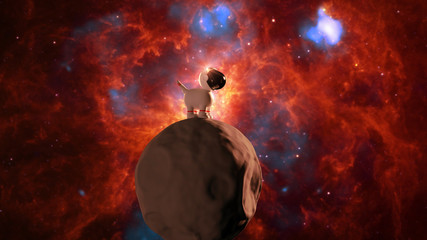 cute cartoon space dog in white space suit standing on an asteroid in front a colorful nebula  - obrazy, fototapety, plakaty