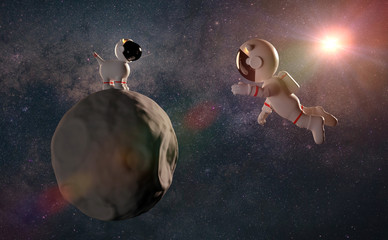 cute cartoon astronaut character and a space dog on asteroid in white space suits in front of star field (3d rendering) - obrazy, fototapety, plakaty