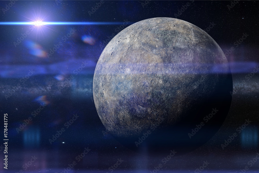 Canvas Prints the planet mercury lit by the sun and in front of the milky way galaxy