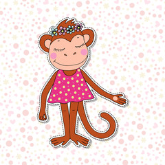 Cute colorful cartoon monkey in pink dress