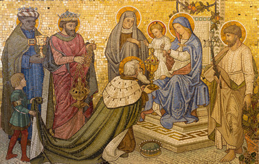 LONDON, GREAT BRITAIN - SEPTEMBER 17, 2017: The mosaic of Adoration of the Magi in church Our Lady...