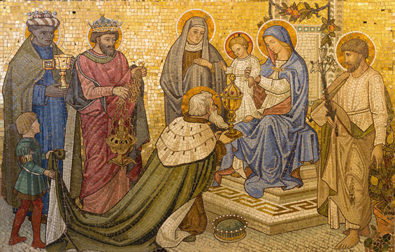LONDON, GREAT BRITAIN - SEPTEMBER 17, 2017: The mosaic of Adoration of the Magi in church Our Lady of the Assumption form end of 19. cent. designed by Francis Bentley.