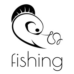 fishing emblem of hook, fishing line and fish on a white background