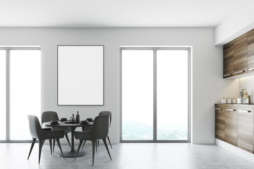 White dining room and kitchen, poster