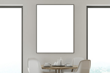 White dining room, white chairs, poster