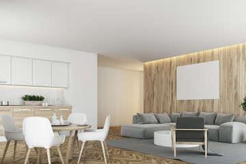 White and wooden kitchen and living room corner