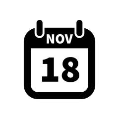 Simple black calendar icon with 18 november date isolated on white