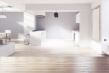 Fototapeta na wymiar Gray, wooden kitchen, dining room, poster blurred