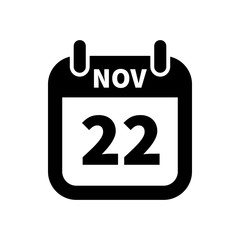 Simple black calendar icon with 22 november date isolated on white