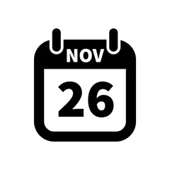 Simple black calendar icon with 26 november date isolated on white