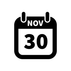 Simple black calendar icon with 30 november date isolated on white