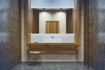 Concrete and wooden bathroom, double sink, toned