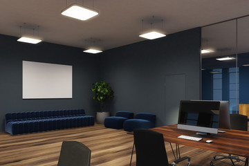 Open space offiice, computers, sofas gray