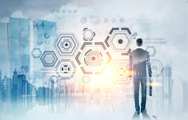 HUD and infographics, businessman with suitcase