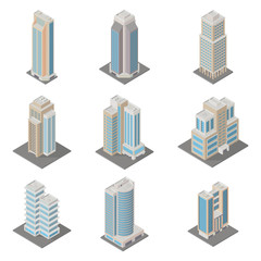 Vector isometric city  infrastructure architecture map generator. Icon set ofice, apartment buildings. 3d elements representing low poly building.