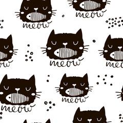 Seamless childish pattern with cute cat face with fish in mouth. Creative nursery background. Perfect for kids design, fabric, wrapping, wallpaper, textile, apparel