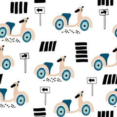 Foto op Plexiglas Dieren onderweg Kinderachtige naadloze patroon scooter op weg. Creatief ontwerp met scooter voor kinderkamer, kleding, stof, textiel. vectorillustratie