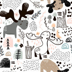 Childish seamless pattern with elks in wood and abstract shapes. Trendy scandinavian vector background. Perfect for kids apparel,fabric, textile, nursery decoration,wrapping paper