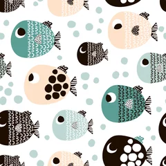 Papier peint Style scandinave Modèle sans couture avec des poissons de dessin animé. Texture enfantine scandinave pour tissu, textile. Fond de vecteur