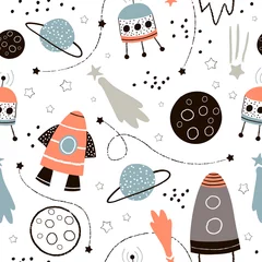 Sierkussen Kinderachtig naadloos patroon met handgetekende ruimteelementen ruimte, raket, ster, planeet, ruimtesonde. Trendy kinderen vector achtergrond. © solodkayamari