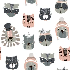 Fotobehang Katten Naadloos kinderachtig patroon met schattige dierengezichten. Creatieve kinderkamer achtergrond. Perfect voor kinderontwerp, stof, verpakking, behang, textiel, kleding