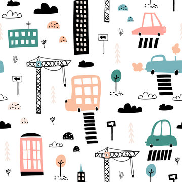 Seamless pattern with hand drawn city print. Cartoon skyscraper, cars, road sign,zebra crossing vector illustration.Perfect for kids fabric,textile,nursery wallpaper