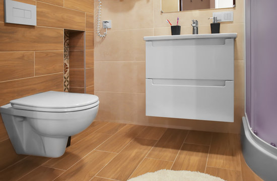 Interior of modern bathroom with toilet and sink