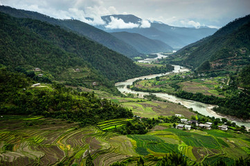 Bhutan view Mantra with Nature and People - obrazy, fototapety, plakaty