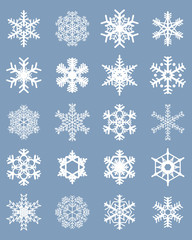 Set of different white snowflakes on a blue background