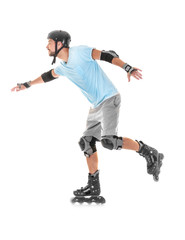 Handsome man on roller skates against white background