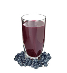 Glass with acai juice and berries on white background