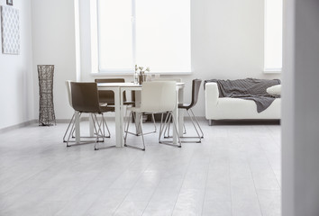 Modern room interior with big table and chairs